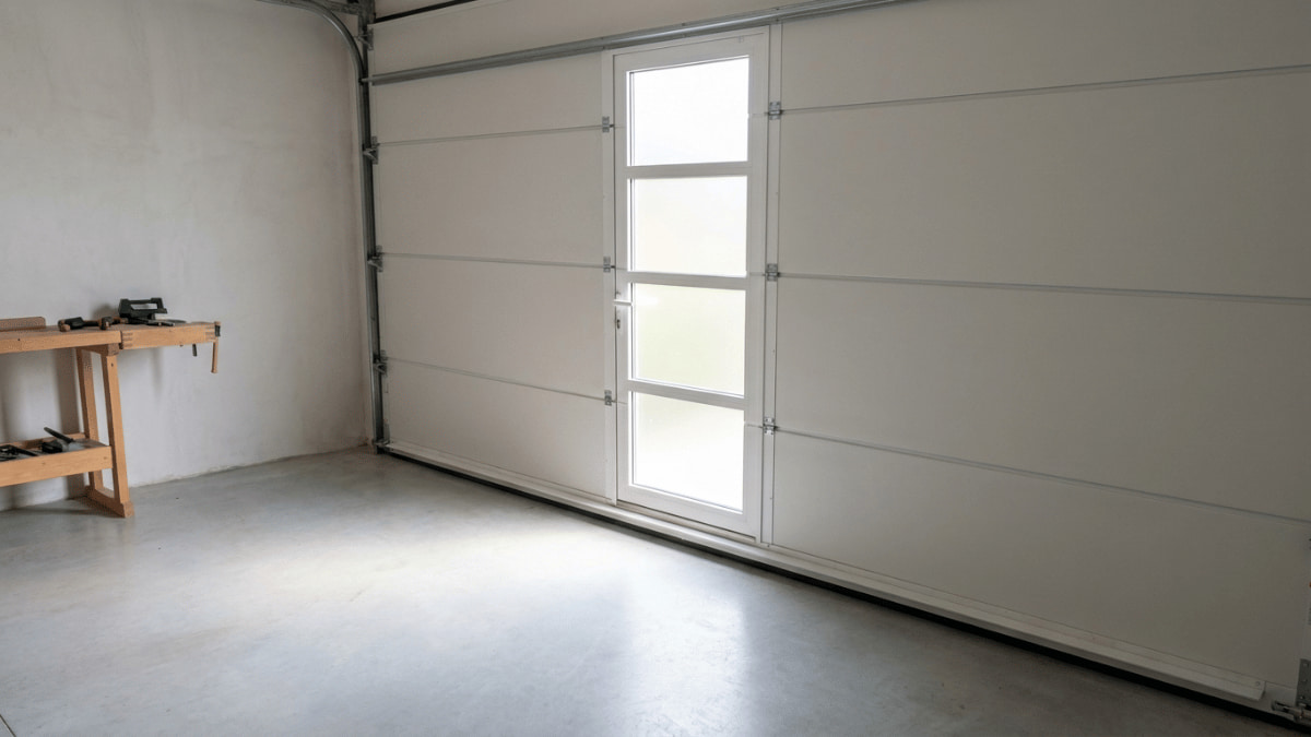 Witte garagepoort met ramen in de deur.