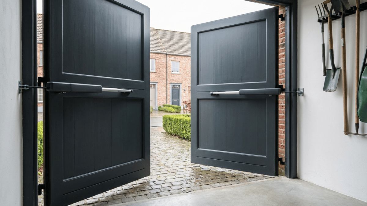 Geautomatiseerde openslaande garagepoort met twee compacte armen.