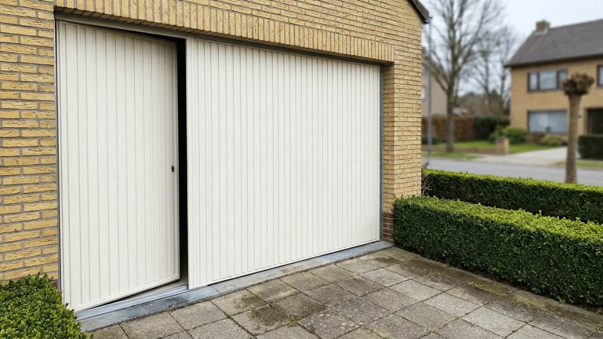 Witte kantelpoort met deur.