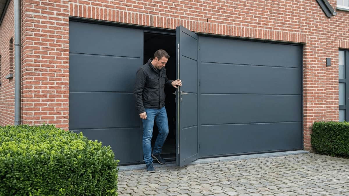 Donkere garagepoort met deur in bakstenen gevel.