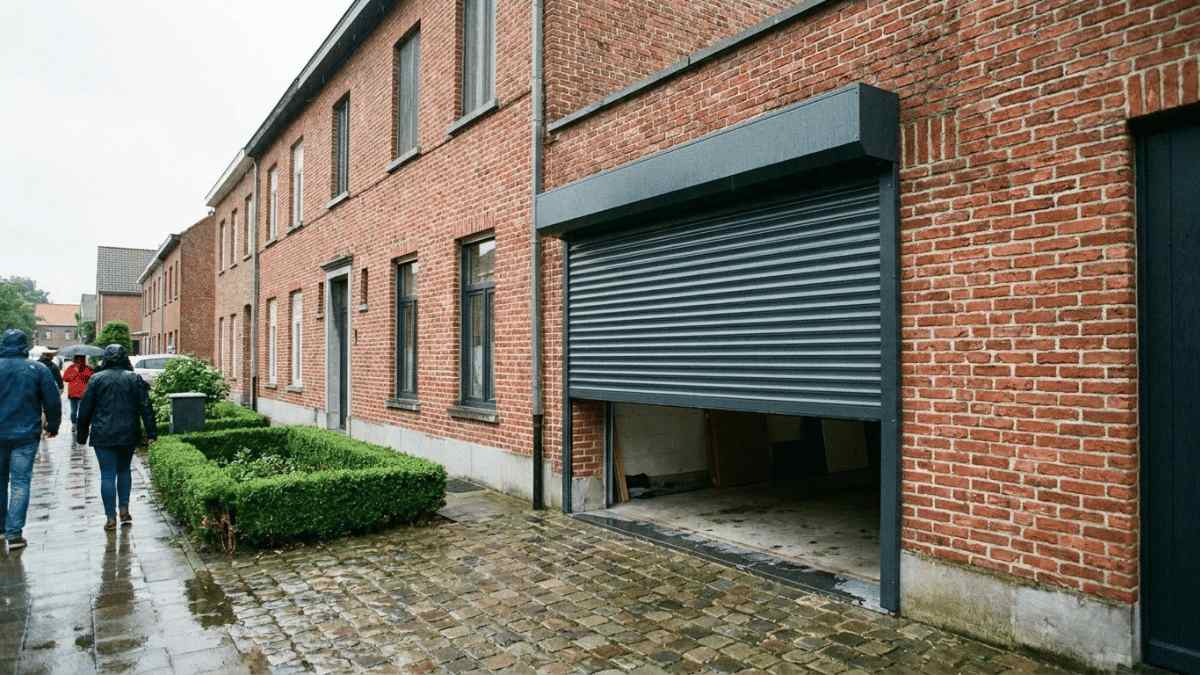 Donkergroene rolpoort bakstenen gevel.