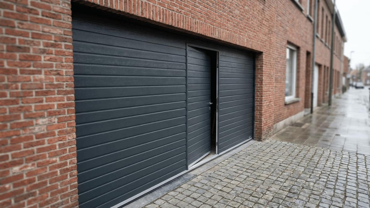 Donkergrijze sectionale garagepoort met deur bakstenen gevel.